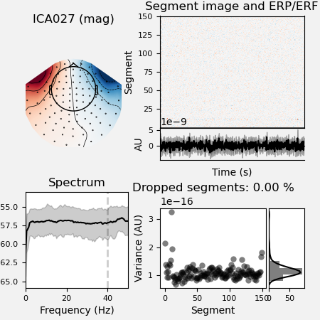 ICA027 (mag), Segment image and ERP/ERF, Spectrum, Dropped segments: 0.00 %